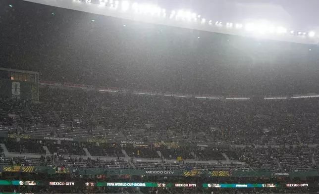 Rain falls as fans wait for the start of the World Cup round of 32 soccer match between Mexico and Ecuador in Mexico City, Tuesday, June 30, 2026. (AP Photo/Fernando Llano)