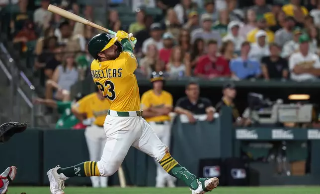 Athletics' Shea Langeliers hits a three-run double during the seventh inning of a baseball game against the Washington Nationals Saturday, July 18, 2026, in West Sacramento, Calif. (AP Photo/Sara Nevis)