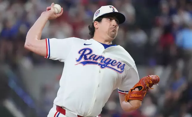 Texas Rangers pitcher Cal Quantrill throws during the first inning of a baseball game against the Detroit Tigers, Saturday, July 4, 2026, in Arlington, Texas. (AP Photo/LM Otero)