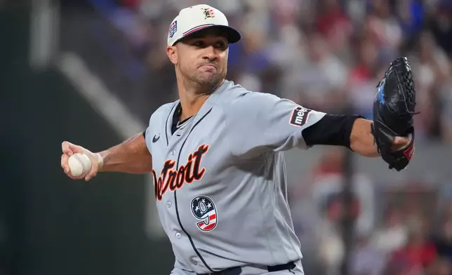 Detroit Tigers starting pitcher Jack Flaherty throws during the first inning of a baseball game against the Texas Rangers, Saturday, July 4, 2026, in Arlington, Texas. (AP Photo/LM Otero)