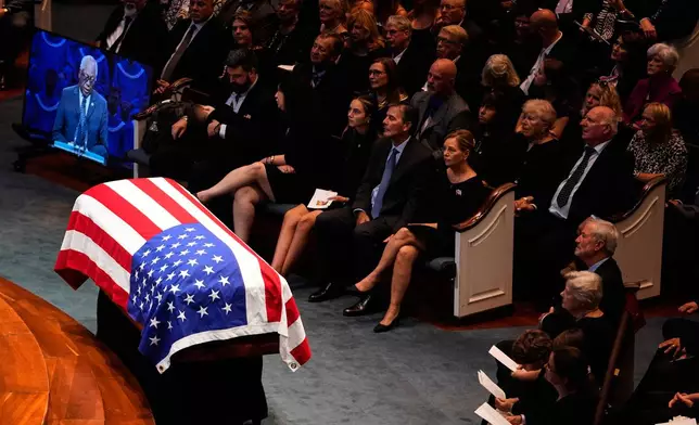 The casket of the late Sen. Lindsey Graham, R-S.C., sits at the front of First Baptist Church in Columbia, S.C., during a funeral service, Wednesday, July 29, 2026. (AP Photo/Gerald Herbert)