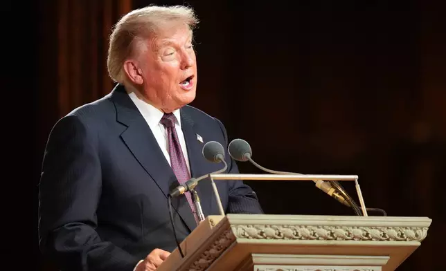President Donald Trump speaks at the funeral of Sen. Lindsey Graham, R-S.C., at the Washington National Cathedral, Tuesday, July 28, 2026, in Washington. (AP Photo/Alex Brandon, Pool)