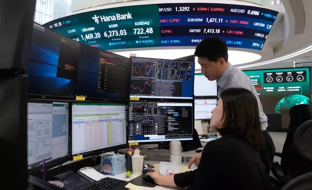 Currency traders work at the foreign exchange dealing room of the Hana Bank headquarters in Seoul, South Korea, Tuesday, July 28, 2026. (AP Photo/Ahn Young-joon)