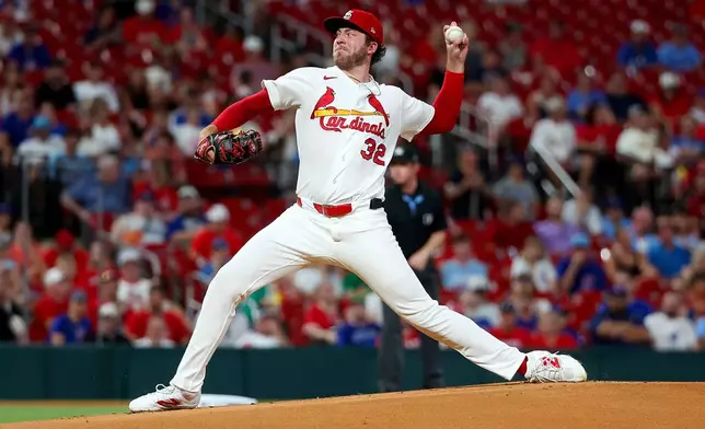 St. Louis Cardinals starting pitcher Matthew Liberatore throws during the first inning of a baseball game against the Chicago Cubs, Monday, July 27, 2026, in St. Louis. (AP Photo/Scott Kane)