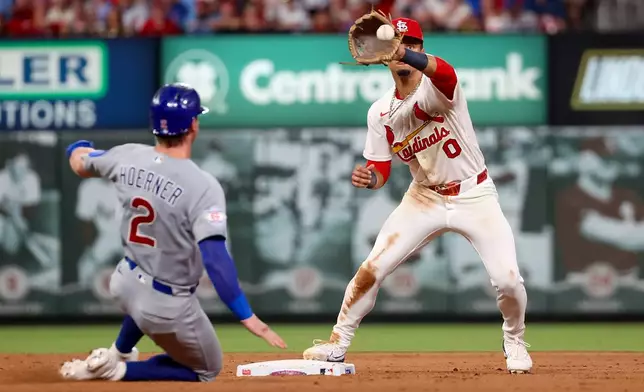 St. Louis Cardinals' Masyn Winn (0) catches the ball for an out against Chicago Cubs' Nico Hoerner (2) during the fifth inning of a baseball game Monday, July 27, 2026, in St. Louis. (AP Photo/Scott Kane)