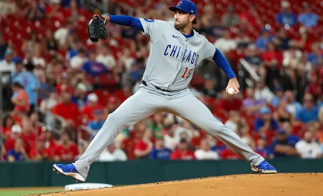 Chicago Cubs starting pitcher David Peterson throws during the first inning of a baseball game of a baseball game against the St. Louis Cardinals, Monday, July 27, 2026, in St. Louis. (AP Photo/Scott Kane)