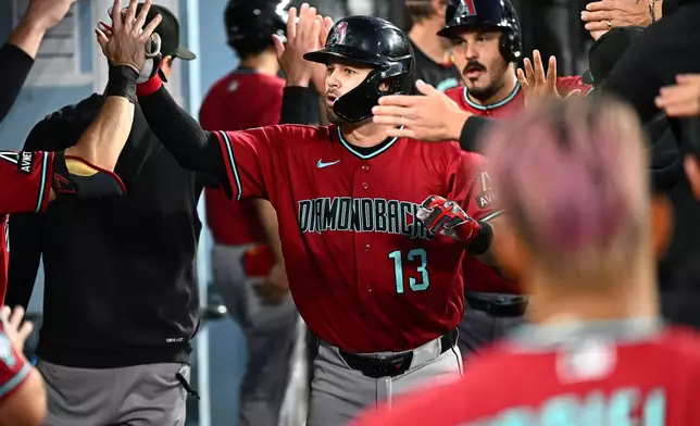 Arizona Diamondbacks' Tim Tawa (13) is greeted by teammates after hitting a home run during the fourth inning of a baseball game against the Los Angeles Dodgers, Friday, July 10, 2026, in Los Angeles. (AP Photo/William Liang)