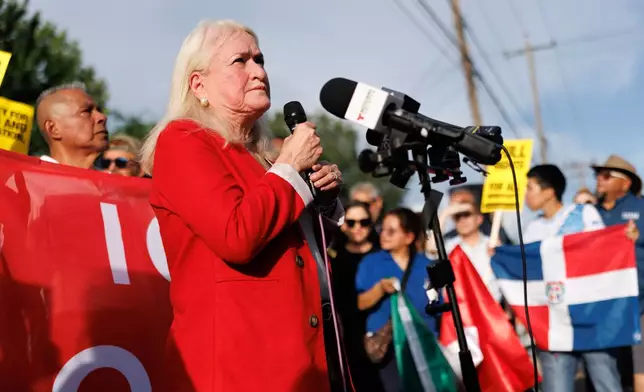 Congresswoman Sylvia Garcia speaks during a vigil for Lorenzo Salgado Araujo, a Mexican national fatally shot by a federal immigration agent a day prior, Wednesday, July 8, 2026, in Houston. (AP Photo/Mark Felix)