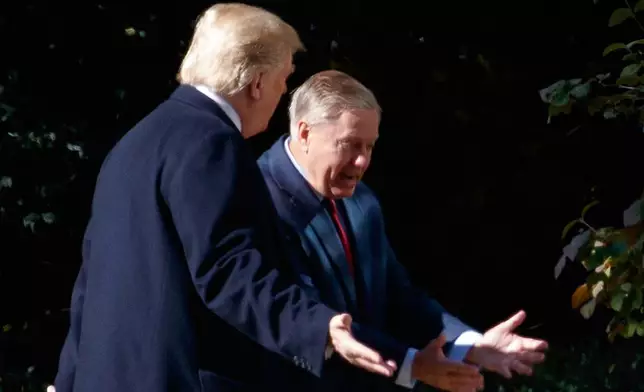 FILE - President Donald Trump walks to the Oval Office with Sen. Lindsey Graham, R-S.C., Thursday, Nov. 8, 2018, in Washington. (AP Photo/Evan Vucci, File)