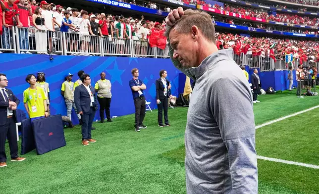 Canada head coach Jesse Marsch reacts after the World Cup round of 16 soccer match in Houston, Saturday, July 4, 2026. (AP Photo/David J. Phillip)