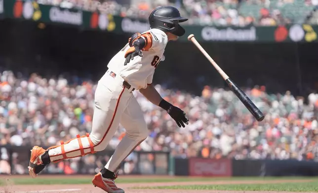 San Francisco Giants' Jung Hoo Lee watches his two-run double during the sixth inning of a baseball game against the Milwaukee Brewers, Wednesday, July 29, 2026, in San Francisco. (AP Photo/Jeff Chiu)