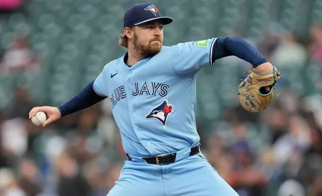 Toronto Blue Jays pitcher Spencer Miles throws against the San Francisco Giants during the first inning of a baseball game Tuesday, July 7, 2026, in San Francisco. (AP Photo/Jeff Chiu)