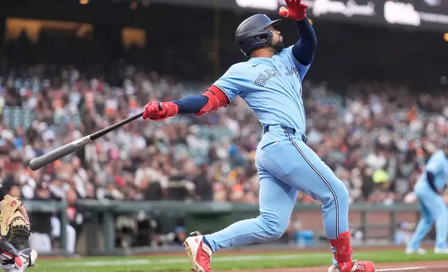 Toronto Blue Jays' Jonatan Clase watches his three-run home run against the San Francisco Giants during the second inning of a baseball game Tuesday, July 7, 2026, in San Francisco. (AP Photo/Jeff Chiu)