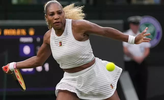 Serena Williams of the United States plays a forehand against Maya Joint of Australia in their first round women's singles match at the Wimbledon Tennis Championships in London, Tuesday, June 30, 2026. (AP Photo/Maja Smiejkowska)