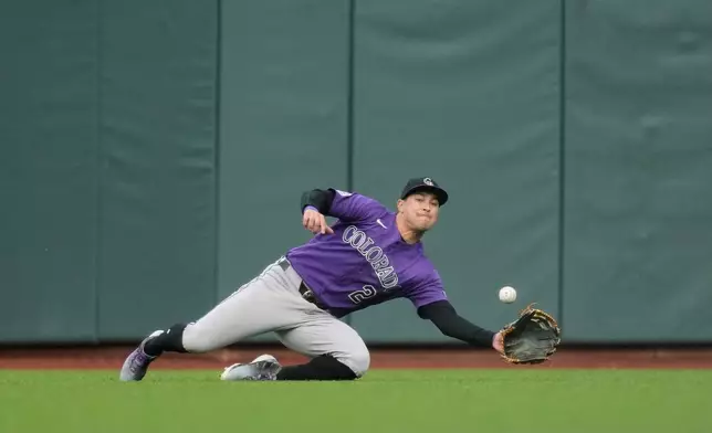 Colorado Rockies right fielder Tyler Freeman cannot catch a single hit by San Francisco Giants' Jung Hoo Lee during the second inning of a baseball game, Friday, July 10, 2026, in San Francisco. (AP Photo/Jeff Chiu)