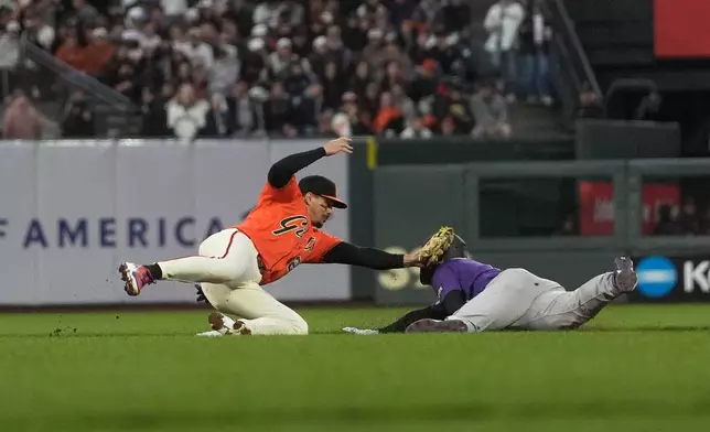 Colorado Rockies' Hunter Goodman, right, is tagged out by San Francisco Giants shortstop Willy Adames while trying to steal second base during the fourth inning of a baseball game, Friday, July 10, 2026, in San Francisco. (AP Photo/Jeff Chiu)