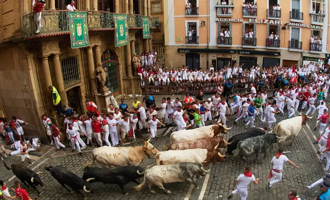 Revelers run alongside Cebada Gago's fighting bulls during the second running of the bulls at the San Fermín festival in Pamplona, Spain, Wednesday, July 8, 2026. (AP Photo/Miguel Oses)