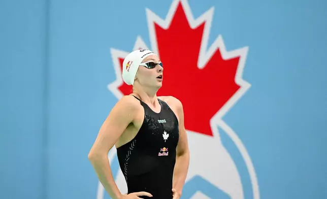 Summer McIntosh exhales prior to competing in the women's 200m butterfly final at the Canadian Swimming Trials in Montreal, on Sunday, July 5, 2026. (Graham Hughes/The Canadian Press via AP)
