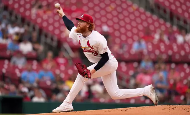 St. Louis Cardinals starting pitcher Dustin May throws during the first inning of a baseball game against the Milwaukee Brewers Monday, July 6, 2026, in St. Louis. (AP Photo/Jeff Roberson)