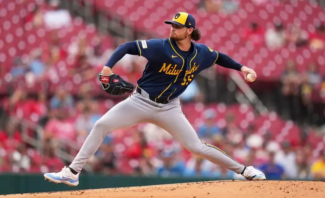 Milwaukee Brewers starting pitcher Shane Drohan throws during the first inning of a baseball game against the St. Louis Cardinals Monday, July 6, 2026, in St. Louis. (AP Photo/Jeff Roberson)