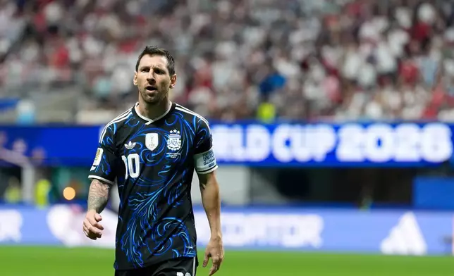 Argentina's Lionel Messi walks to take a corner kick during the World Cup semifinal soccer match between England and Argentina in Atlanta, Wednesday, July 15, 2026. (AP Photo/Rebecca Blackwell)