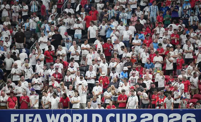 England supporters fill the stands before the start of the World Cup semifinal soccer match between England and Argentina in Atlanta, Wednesday, July 15, 2026. (AP Photo/Jacob Kupferman)