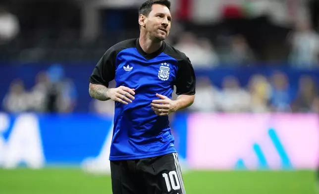 Argentina's Lionel Messi (10) warms up before the World Cup semifinal soccer match between England and Argentina in Atlanta, Wednesday, July 15, 2026. (AP Photo/Jacob Kupferman)