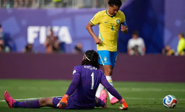 Brazil goalkeeper Alisson Becker reacts after Norway's Erling Haaland scored his second goal past him during the World Cup round of 16 soccer match between Brazil and Norway in East Rutherford, N.J., near New York, Sunday, July 5, 2026. (AP Photo/Frank Franklin II)