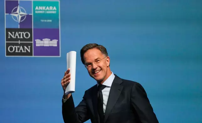NATO Secretary General Mark Rutte arrives for a media conference at the International Media Center ahead of the NATO Summit in Ankara, Turkey, Monday, July 6, 2026. (AP Photo/Hussein Malla)