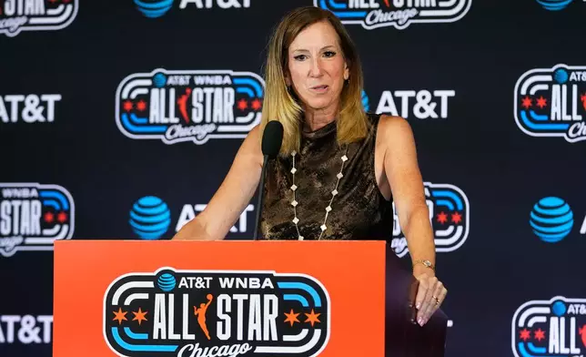 WNBA Commissioner Cathy Engelbert talks to media at a news conference before a WNBA All-Star basketball game between Team Coop and Team Spoon in Chicago, Saturday, July 25, 2026. (AP Photo/Nam Y. Huh)
