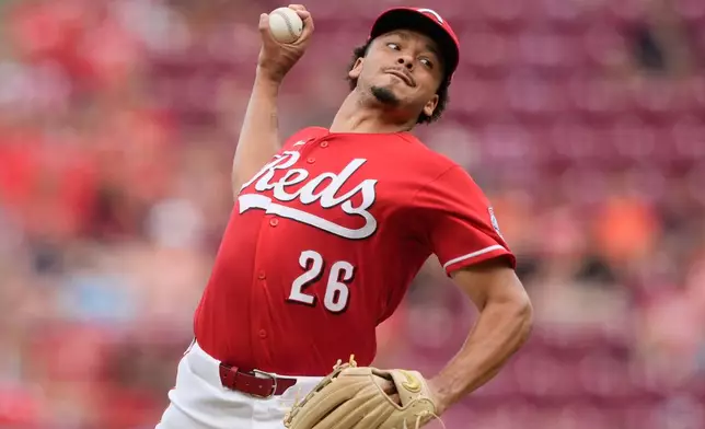 Cincinnati Reds pitcher Chase Burns throws during the first inning of a baseball game against the Philadelphia Phillies in Cincinnati, Wednesday, July 8, 2026. (AP Photo/Carolyn Kaster)