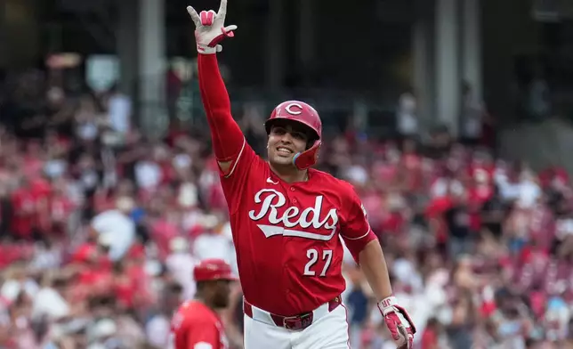 Cincinnati Reds' Sal Stewart celebrates as he runs to home plate to score after hitting a solo home run during the fourth inning of a baseball game against the Philadelphia Phillies in Cincinnati, Wednesday, July 8, 2026. (AP Photo/Carolyn Kaster)
