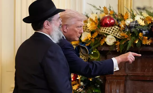 FILE - President Donald Trump gestures during a Hanukkah reception in the East Room of the White House, Dec. 16, 2025, in Washington, as Rabbi Levi Shemtov watches. (AP Photo/Alex Brandon, File)
