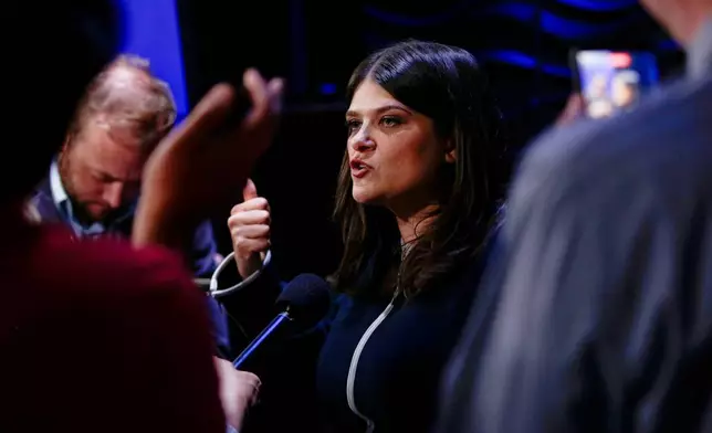 Michigan U.S. Sen candidate, Rep. Haley Stevens, D-Mich., speaks with media after a debate at WoodTV studios on Tuesday, July 7, 2026, in Grand Rapids, Mich. (AP Photo/Kristen Norman)