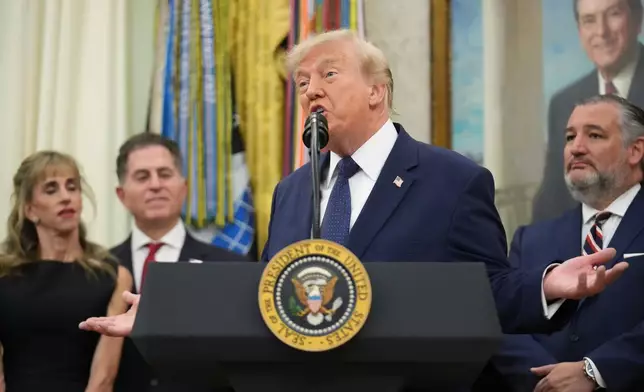 President Donald Trump speaks about FIFA after ringing the opening bell for the New York Stock Exchange and the Nasdaq in the Oval Office at the White House, Monday, July 6, 2026, in Washington. (AP Photo/Mark Schiefelbein)
