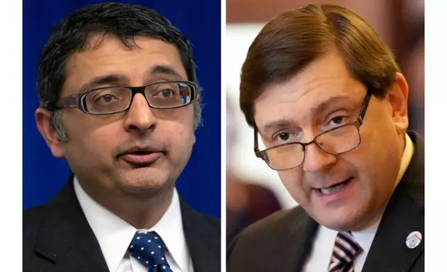 In this combination of photos taken in Augusta, Maine news conferences, Nirav Shah, left, speaks April 28, 2020, and Troy Jackson speaks, Jan. 17, 2023. (AP Photos/Robert F. Bukaty)
