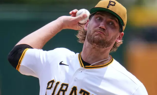 Pittsburgh Pirates pitcher Braxton Ashcraft delivers during the first inning of a baseball game against the Chicago Cubs in Pittsburgh, Sunday, July 26, 2026. (AP Photo/Gene J. Puskar)