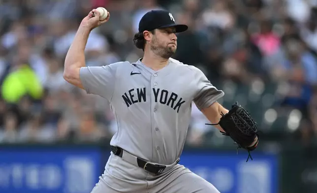 New York Yankees starter Gerrit Cole delivers a pitch during the first inning of a baseball game against the Chicago White Sox in Chicago, Tuesday, July 28, 2026. (AP Photo/Paul Beaty)