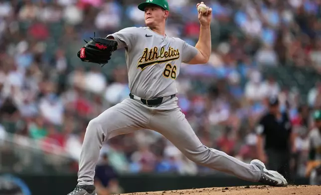 Athletics pitcher Brady Basso throws to the Minnesota Twins during the first inning of a baseball game, Saturday, July 25, 2026, in Minneapolis. (AP Photo/Ellen Schmidt)