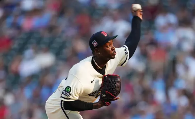 Minnesota Twins pitcher Kendry Rojas throws to the Athletics during the first inning of a baseball game, Saturday, July 25, 2026, in Minneapolis. (AP Photo/Ellen Schmidt)