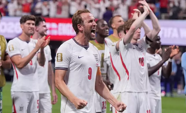 England's Harry Kane celebrates after scoring both goals in a World Cup Round of 32 soccer match against Congo in Atlanta, Wednesday, July 1, 2026 (AP Photo/Mike Stewart)