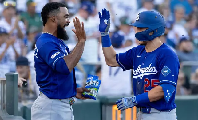 Los Angeles Dodgers' Tommy Edman, right, celebrates with Teoscar Hernández after hitting a three-run home run during the third inning of a baseball game against the Athletics Tuesday, June 30, 2026, in West Sacramento, Calif. (AP Photo/Sara Nevis)