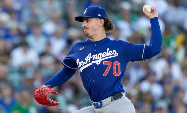 Los Angeles Dodgers pitcher Justin Wrobleski throws to the Athletics during the first inning of a baseball game Tuesday, June 30, 2026, in West Sacramento, Calif. (AP Photo/Sara Nevis)