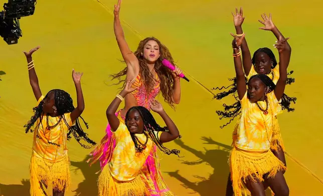 Shakira performs at halftime of the World Cup final soccer match between Spain and Argentina in East Rutherford, N.J., near New York, Sunday, July 19, 2026. (AP Photo/Yuki Iwamura)