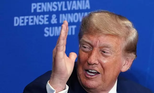 President Donald Trump speaks at the United States Army War College in Carlisle, Pa., during the Pennsylvania Defense and Innovation Summit, Wednesday, July 15, 2026. (AP Photo/Julia Demaree Nikhinson)