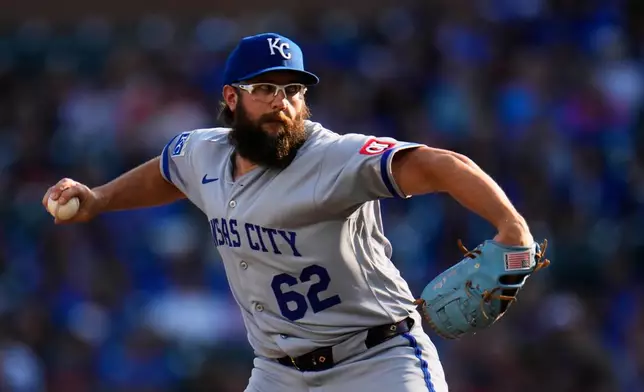 Kansas City Royals pitcher Randy Dobnak throws against the Detroit Tigers during the first inning of a baseball game Thursday, July 23, 2026, in Detroit. (AP Photo/Paul Sancya)