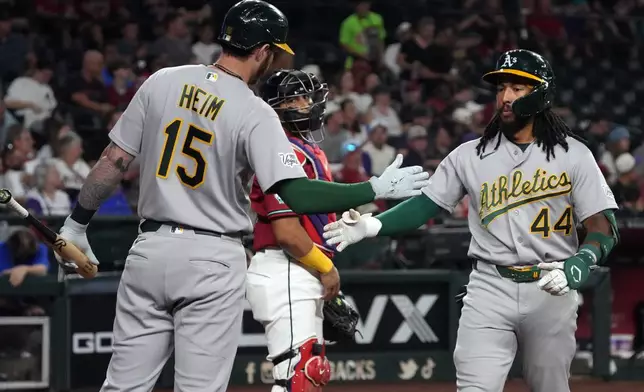 Athletics' Joshua Kuroda-Grauer (44) celebrates with Jonah Heim (15) after hitting a solo home run against the Arizona Diamondbacks in the second inning of a baseball game, Monday, July 20, 2026, in Phoenix. (AP Photo/Rick Scuteri) CORRECTION: Corrects to Monday not Friday.