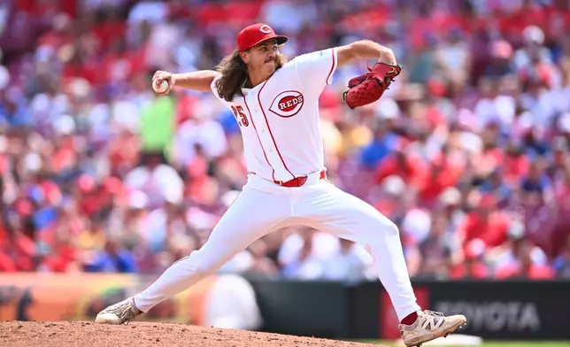 Cincinnati Reds pitcher Rhett Lowder throws during the eighth inning of a baseball game against the Chicago Cubs in Cincinnati, Sunday, July 12, 2026. (AP Photo/Ben Jackson)