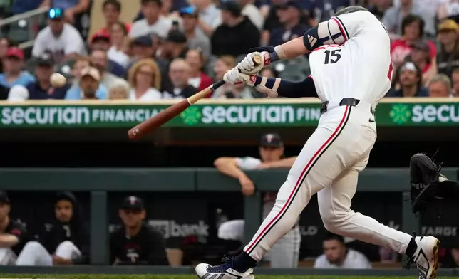Minnesota Twins' Luke Keaschall (15) hits a sacrifice fly to score Kody Clemens during the fourth inning of a baseball game against the Cleveland Guardians, Wednesday, July 8, 2026, in Minneapolis. (AP Photo/Joseph Scheller)
