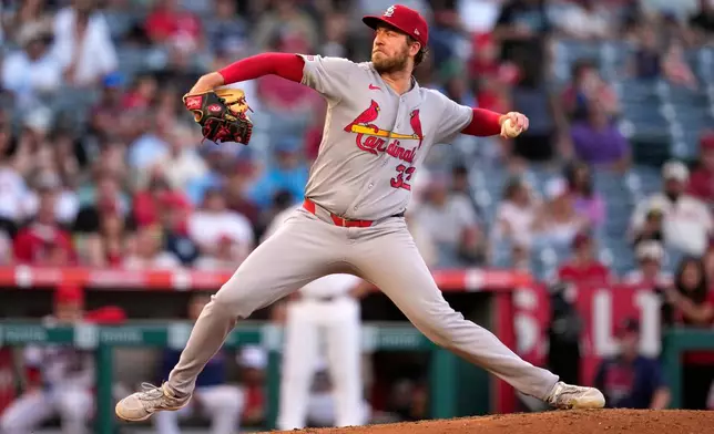 St. Louis Cardinals pitcher Matthew Liberatore throws to the plate during the third inning of a baseball game against the Los Angeles Angels, Tuesday, July 21, 2026, in Anaheim, Calif. (AP Photo/Mark J. Terrill)